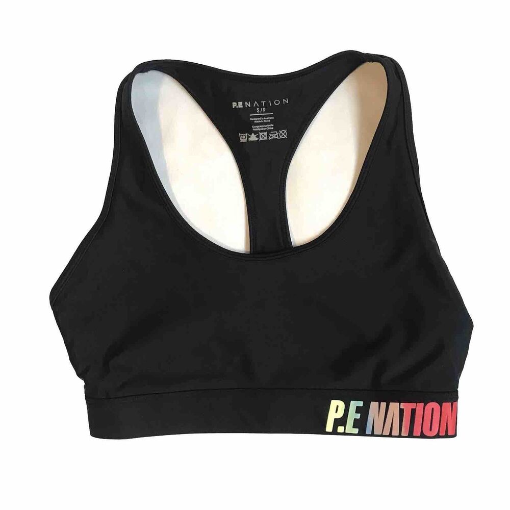 P.E Nation Womens Black Emerging Sports Bra Racerback S Small Logo Unpadded EUC